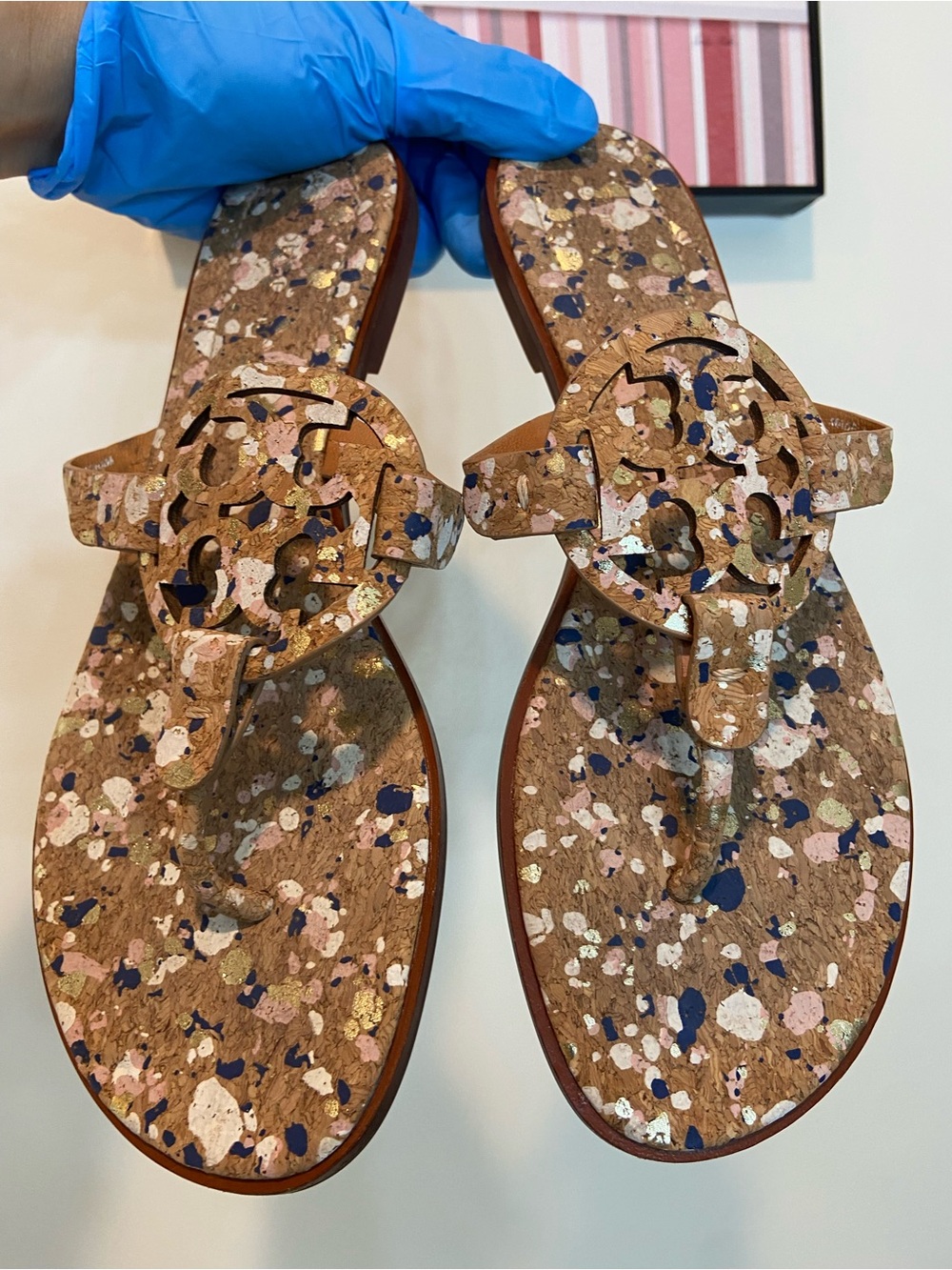 Tory Burch Cork-Look Logo Toe-Post Sandals in Brown Multi